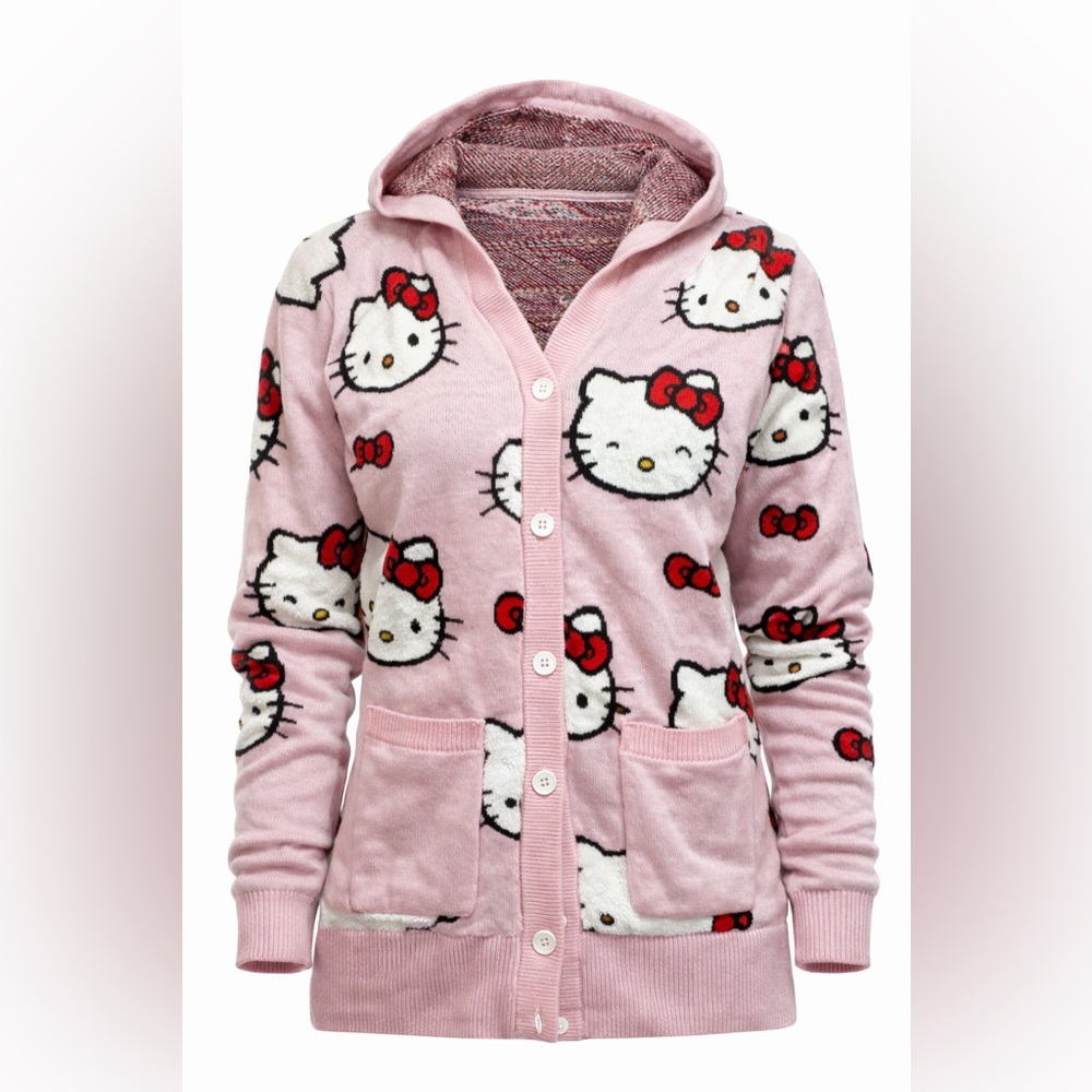 Hello Kitty Pink Hooded Cardigan Sweater Women’s Small Sanrio
